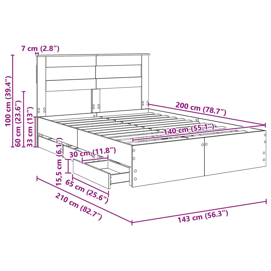 Bedframe met lade Grijs Sonoma 140 x 200 cm Ingenieurshout