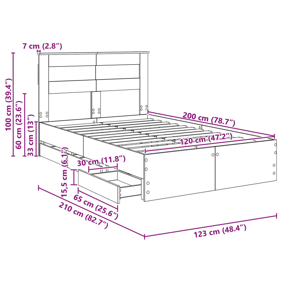 Bedframe met lade Gerookt eiken 120 x 200 cm Ingenieurshout