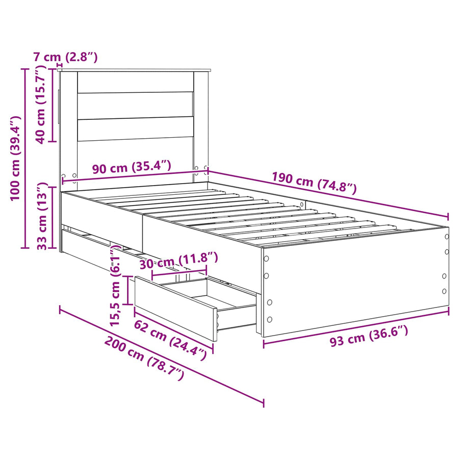 Bedframe met lade Grijs Sonoma 90 x 190 cm Ingenieurshout