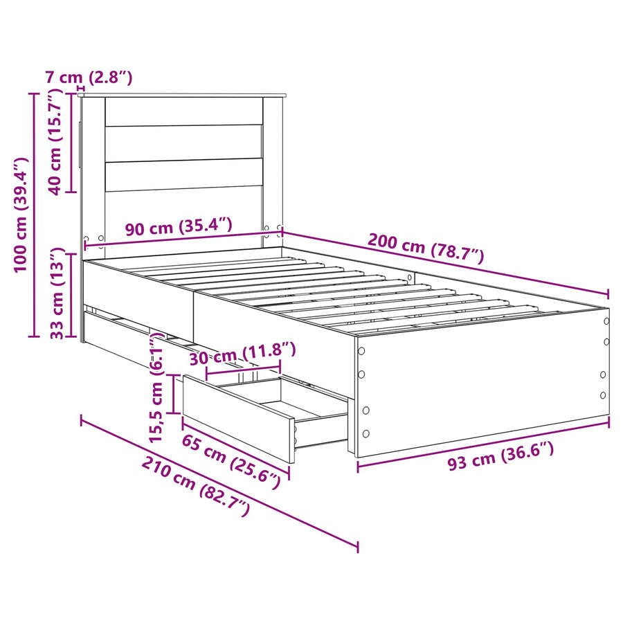 Bedframe met lade Grijs Sonoma 90 x 200 cm Ingenieurshout