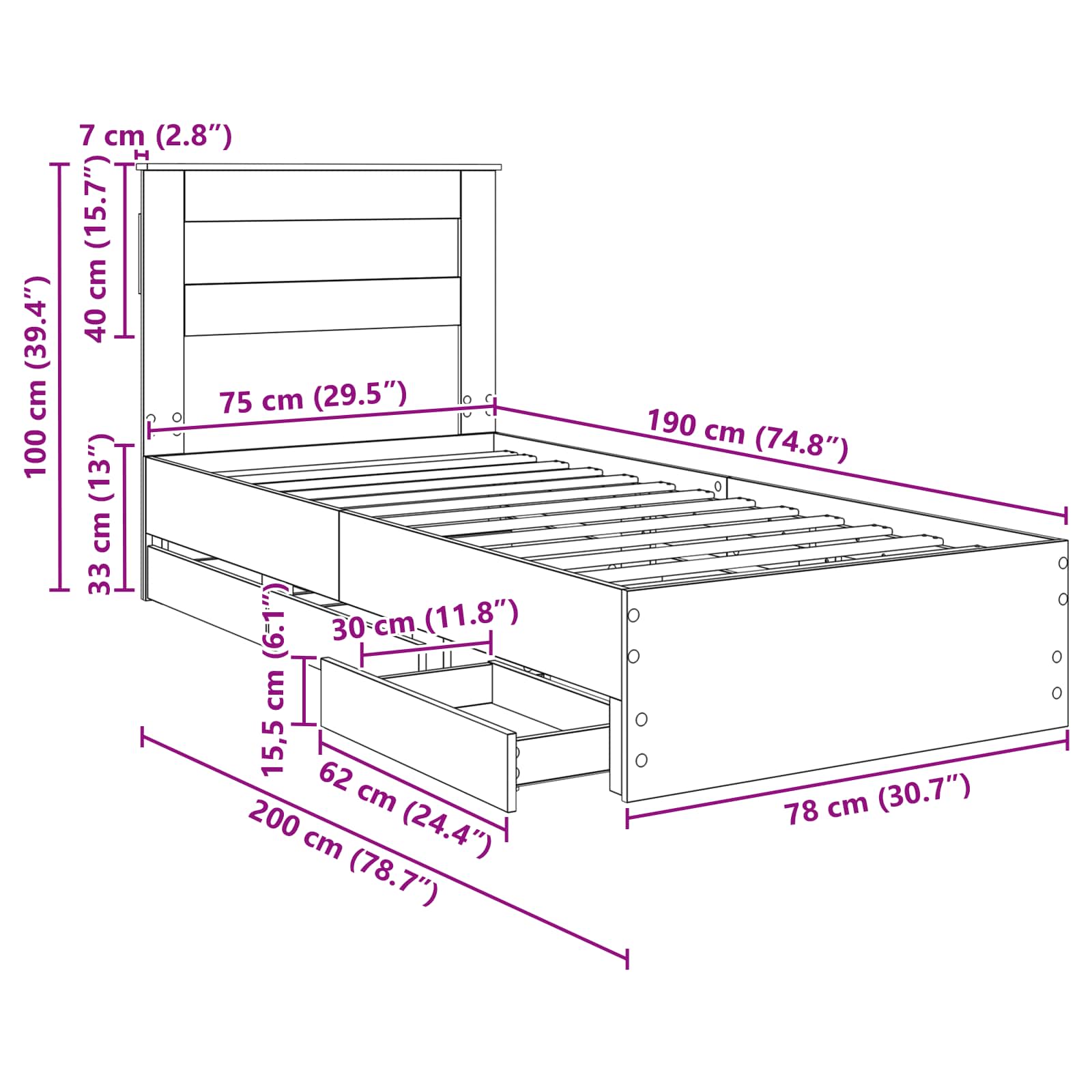 Bedframe met lade Gerookt eiken 75 x 190 cm Ingenieurshout