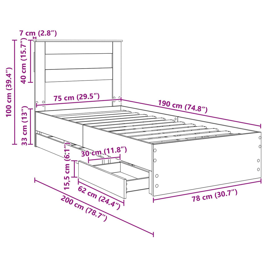 Bedframe met lade Grijs Sonoma 75 x 190 cm Ingenieurshout