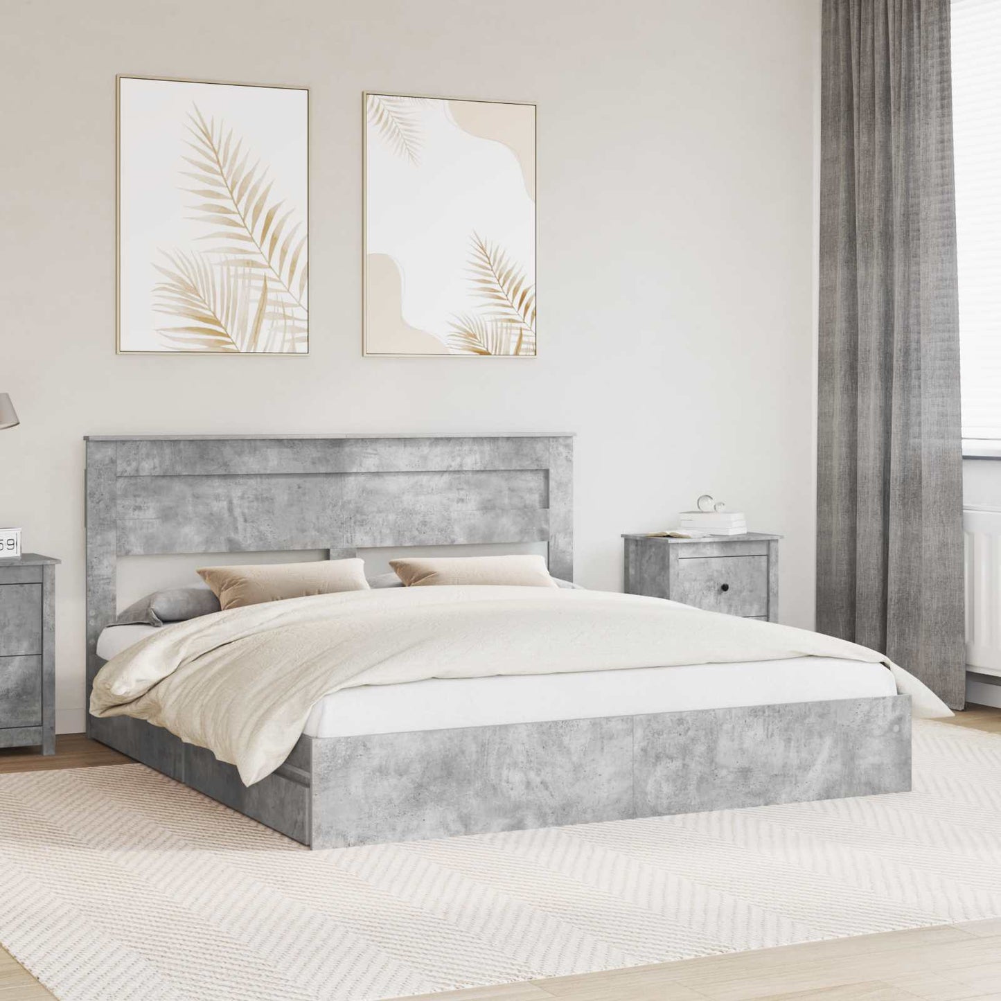 Opslag bed met hoofdeinde Beton Grijs 200 x 200 cm Bewerkt hout