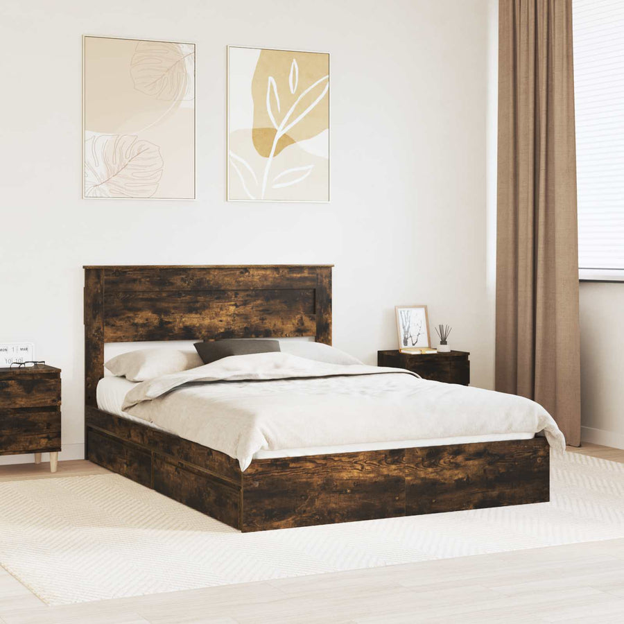 Opslag bed met lade Gerookt eiken 160 x 200 cm Bewerkt hout