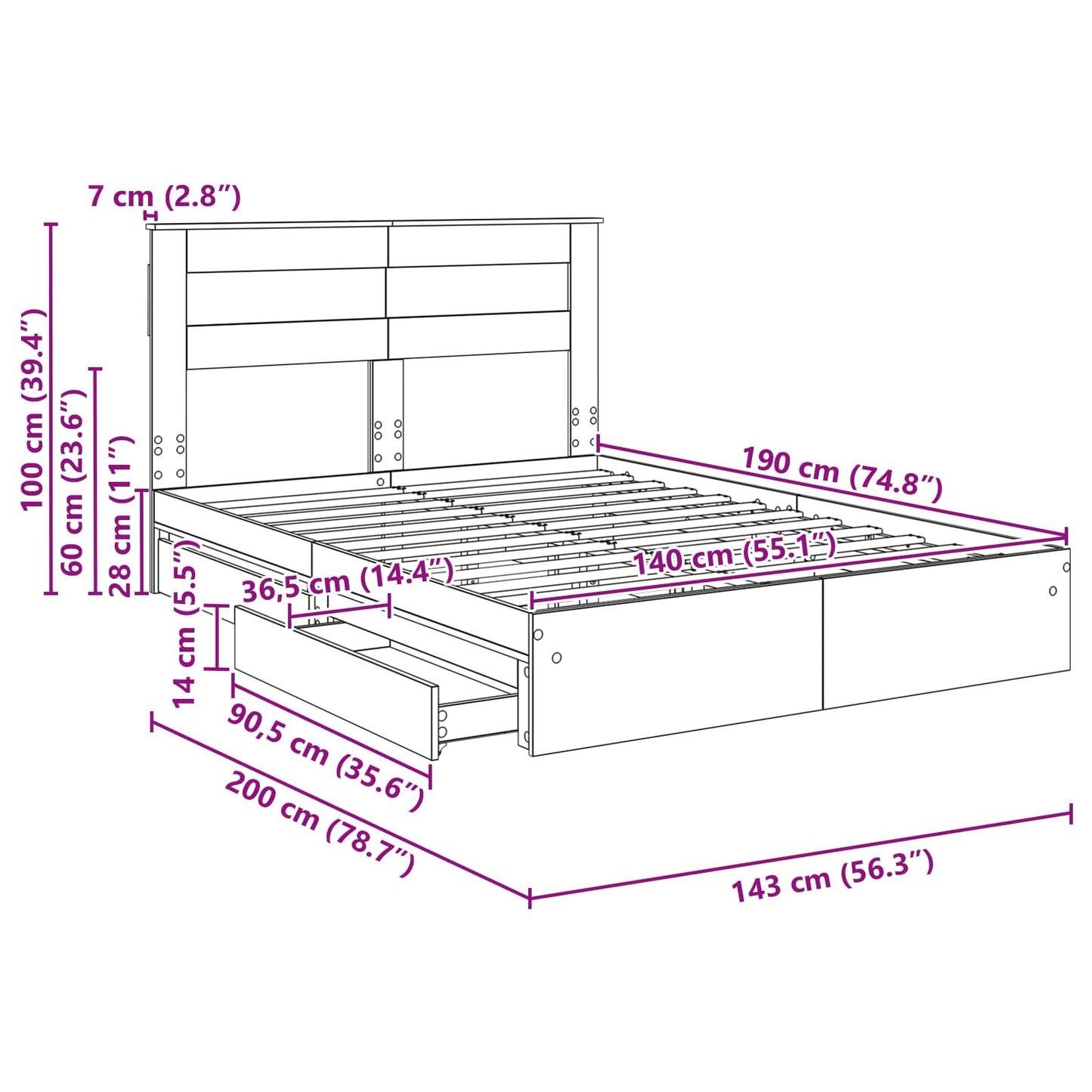 Opslag bed met lade Sonoma Eiken 140 x 190 cm Bewerkt hout