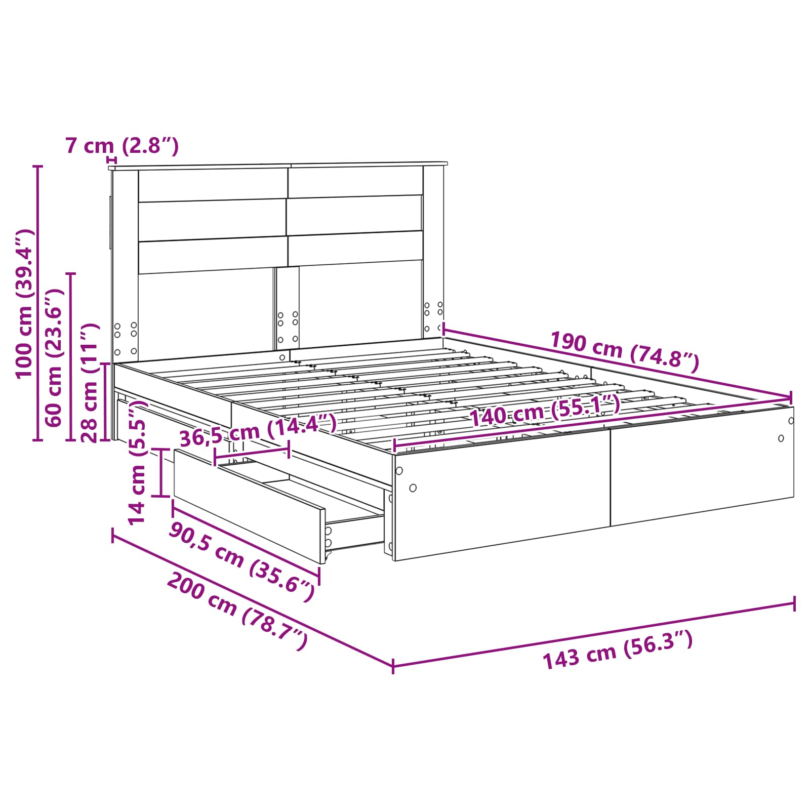 Opslag bed met lade Sonoma Eiken 140 x 190 cm Bewerkt hout