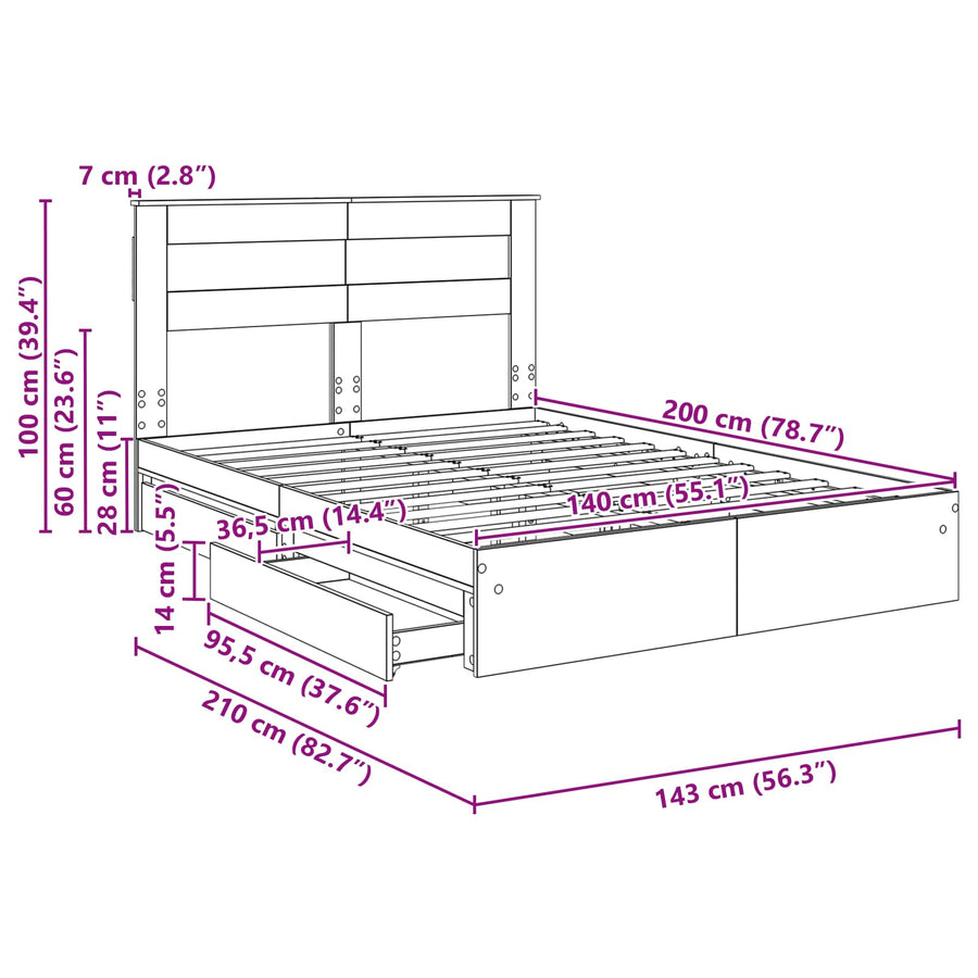 Bedframe met lade Grijs Sonoma 140 x 200 cm Bewerkt hout