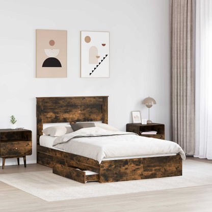 Bedframe met lade Gerookt eiken 135 x 190 cm Bewerkt hout