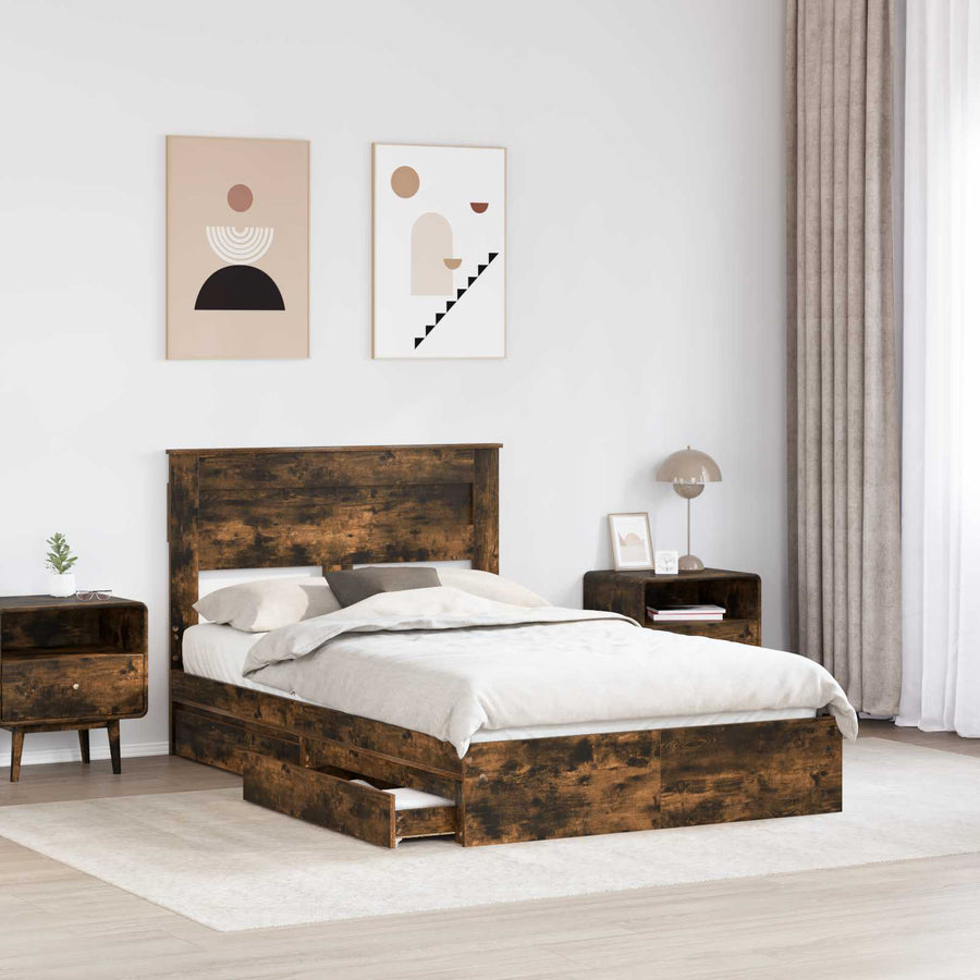 Bedframe met lade Gerookt eiken 135 x 190 cm Bewerkt hout
