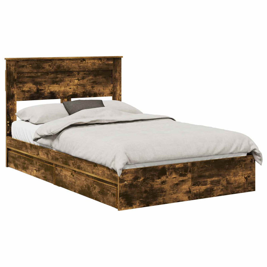 Bedframe met lade Gerookt eiken 135 x 190 cm Bewerkt hout