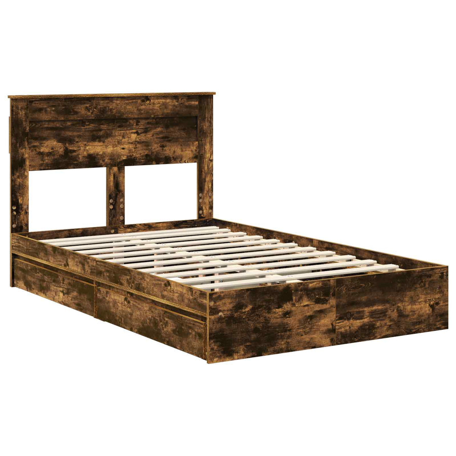 Bedframe met lade Gerookt eiken 135 x 190 cm Bewerkt hout