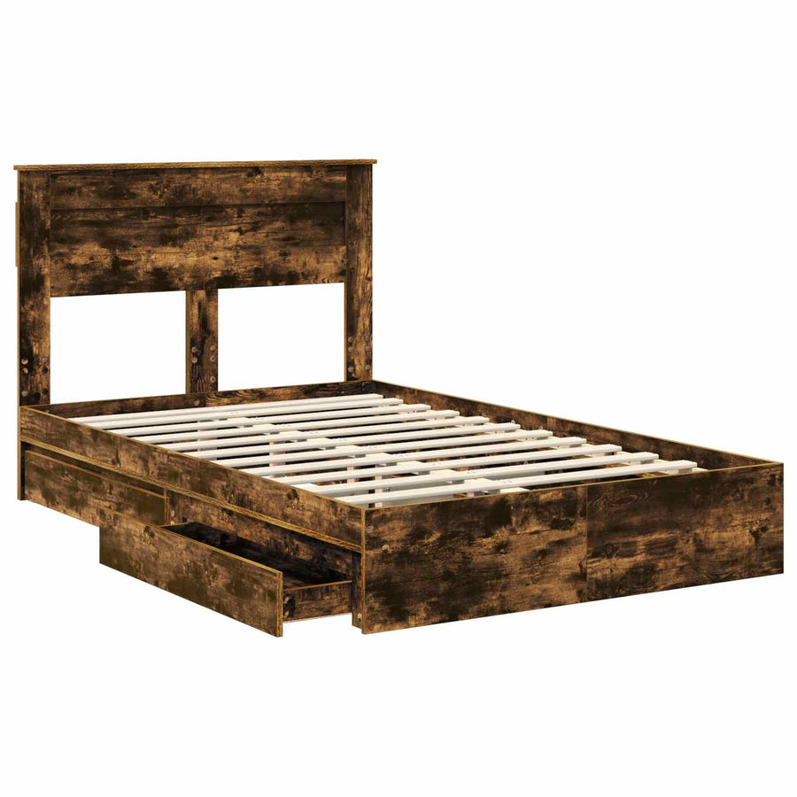 Bedframe met lade Gerookt eiken 135 x 190 cm Bewerkt hout