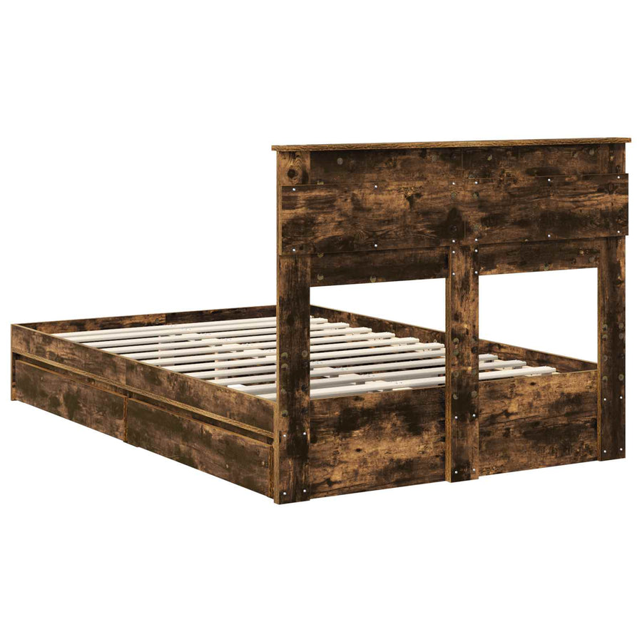 Bedframe met lade Gerookt eiken 135 x 190 cm Bewerkt hout