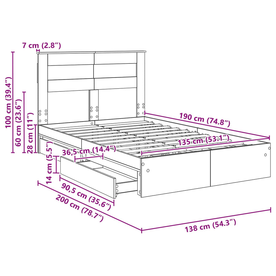 Bedframe met lade Gerookt eiken 135 x 190 cm Bewerkt hout