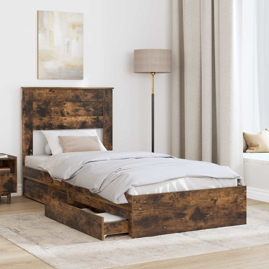 Bedframe met lade Gerookt eiken 100 x 200 cm Bewerkt hout