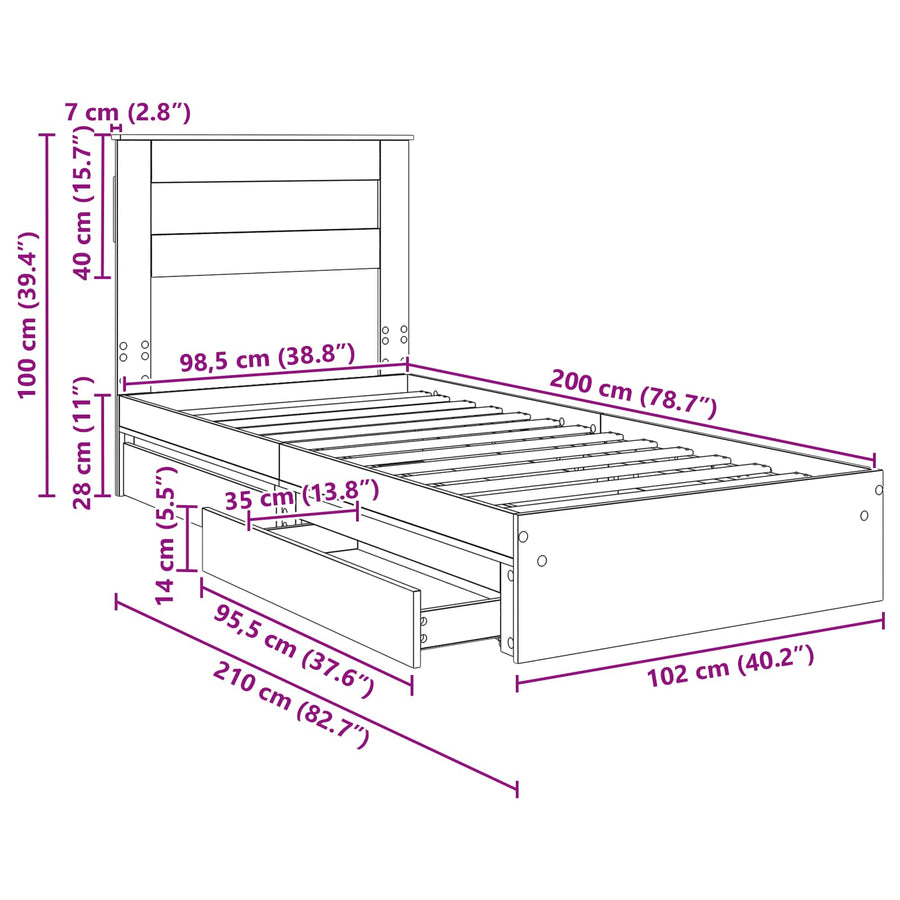 Bedframe met lade Gerookt eiken 100 x 200 cm Bewerkt hout