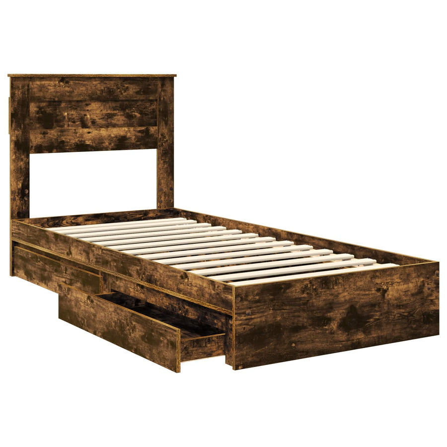 Bedframe met lade Gerookt eiken 90 x 190 cm Bewerkt hout