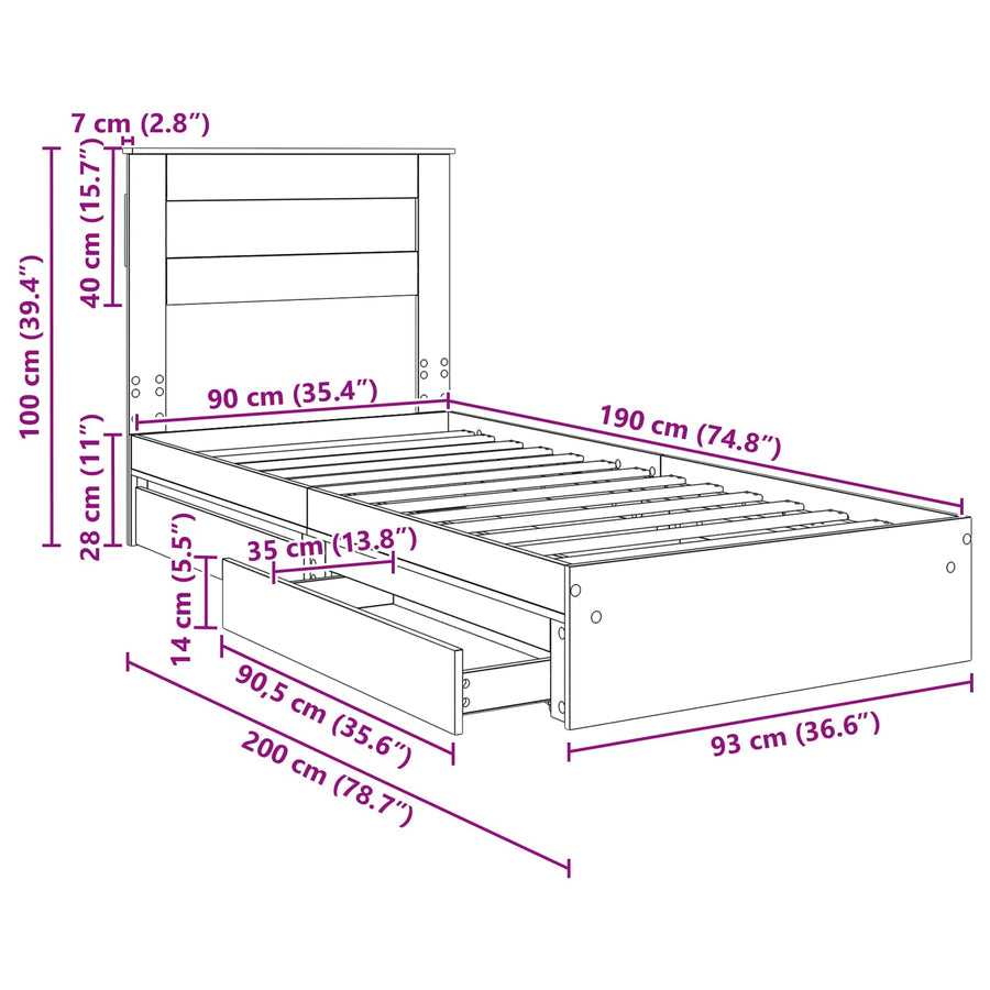 Bedframe met lade Gerookt eiken 90 x 190 cm Bewerkt hout