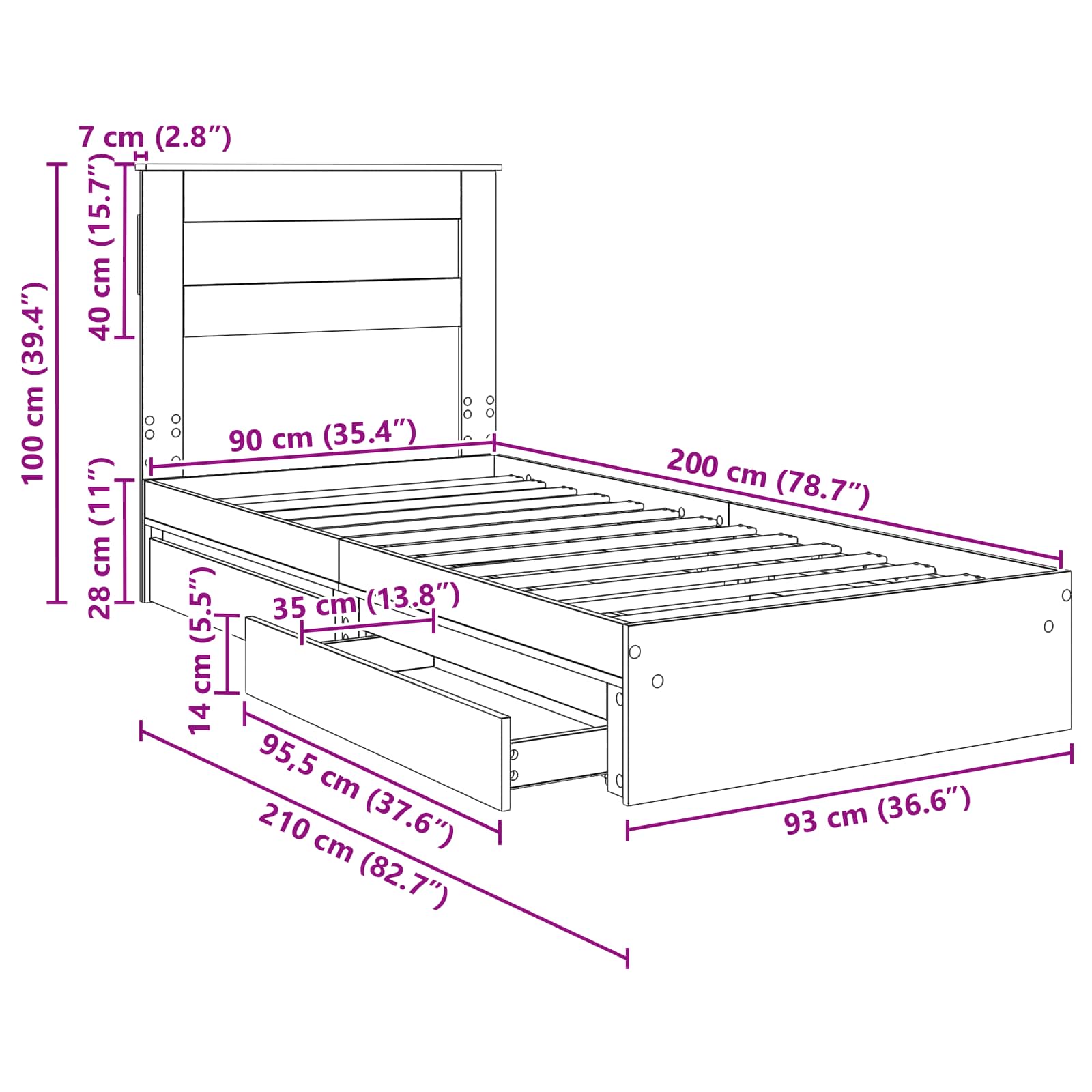 Bedframe met lade Gerookt eiken 90 x 200 cm Bewerkt hout