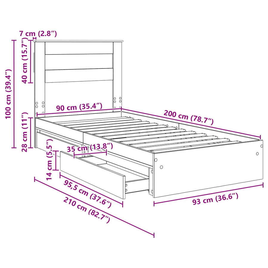 Bedframe met lade Grijs Sonoma 90 x 200 cm Bewerkt hout
