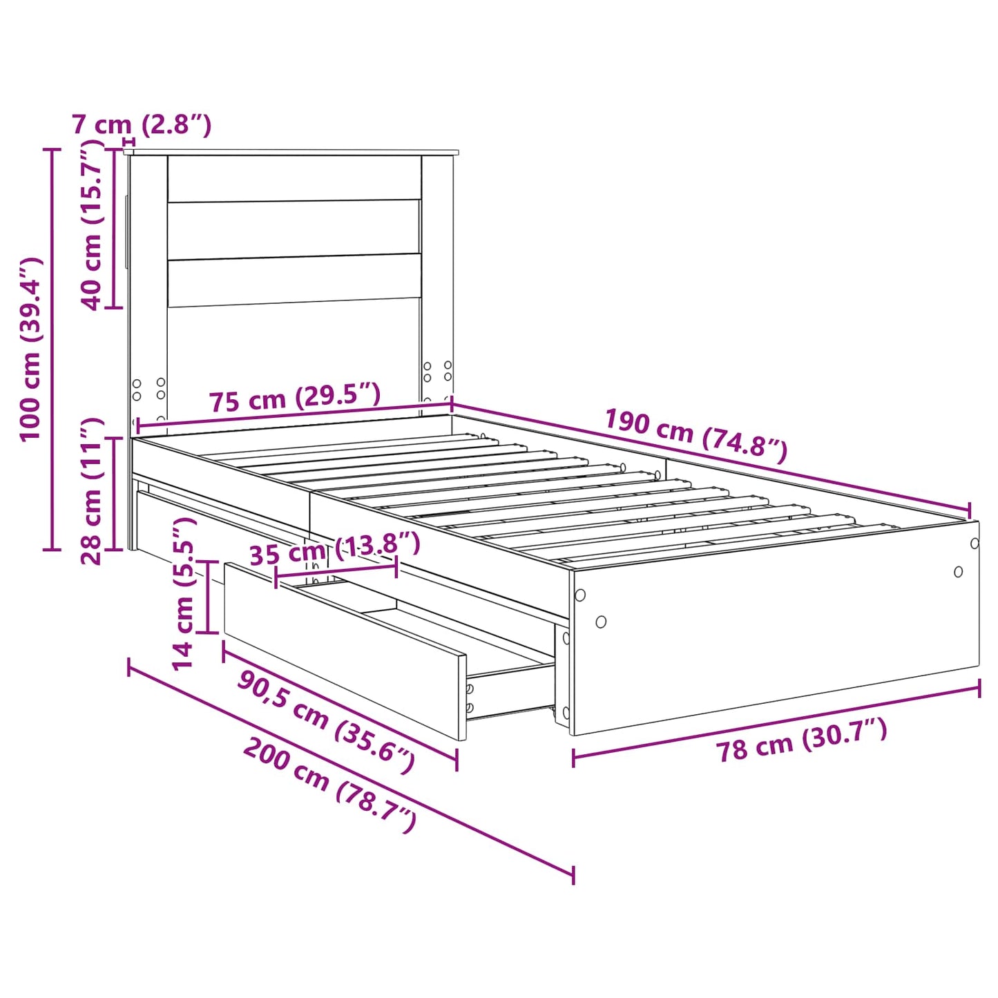 Bedframe met lade Sonoma Eiken 75 x 190 cm Bewerkt hout