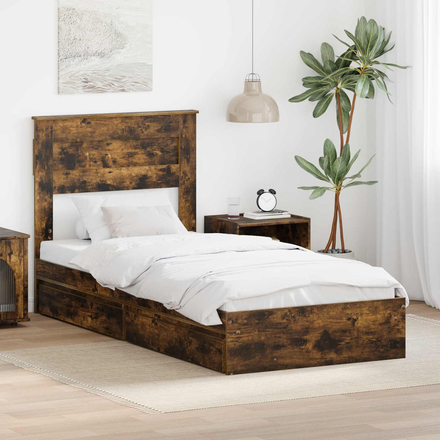 Bedframe met lade Gerookt eiken 75 x 190 cm Bewerkt hout