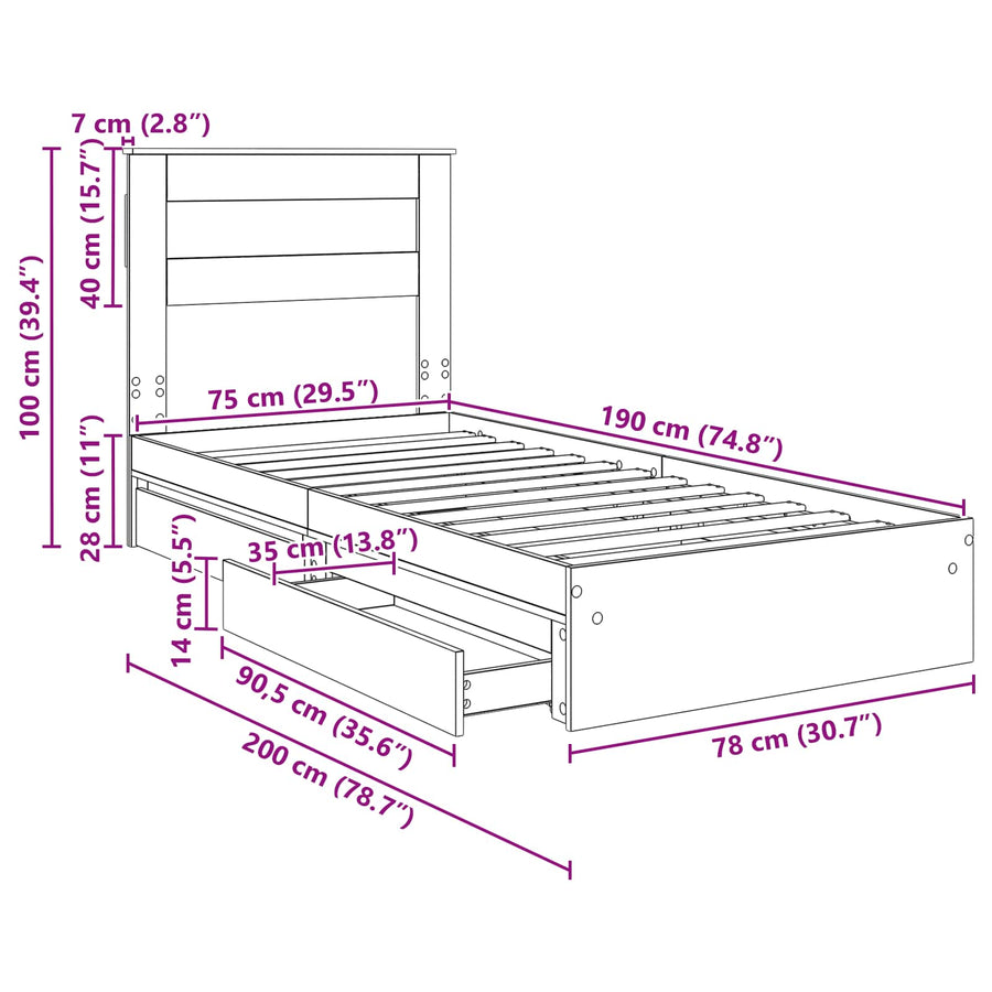 Bedframe met lade Grijs Sonoma 75 x 190 cm Bewerkt hout