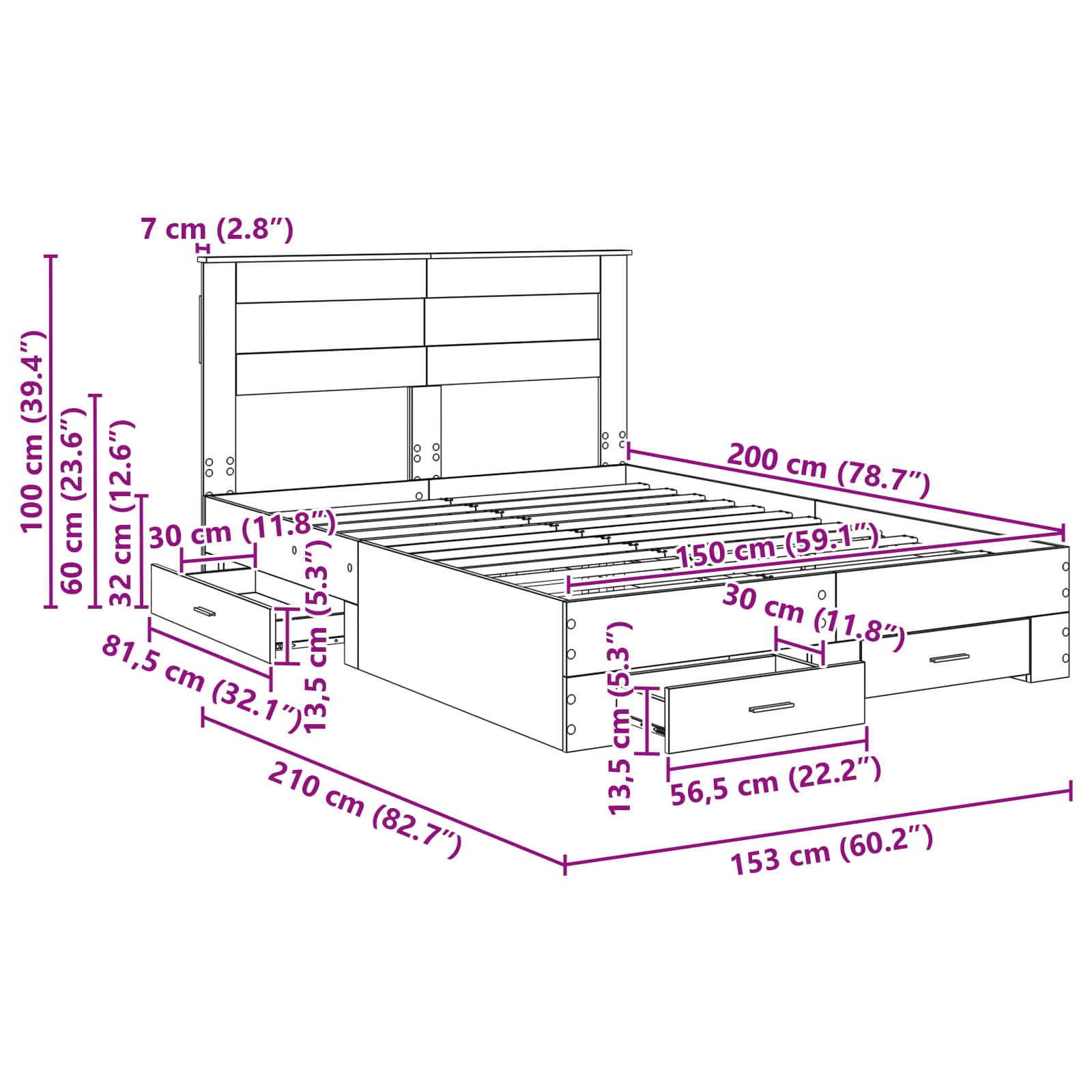 Bedframe met lade met hoofdeinde met opslag Bewerkt hout