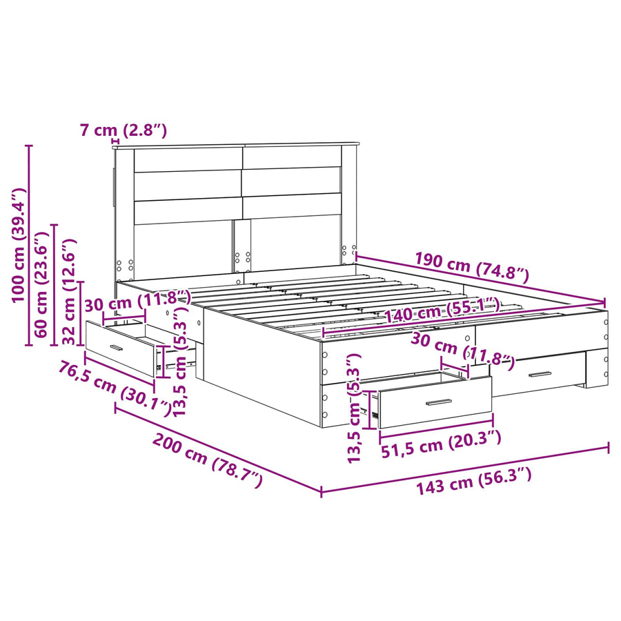 Bedframe met lade met hoofdeinde met opslag Bewerkt hout