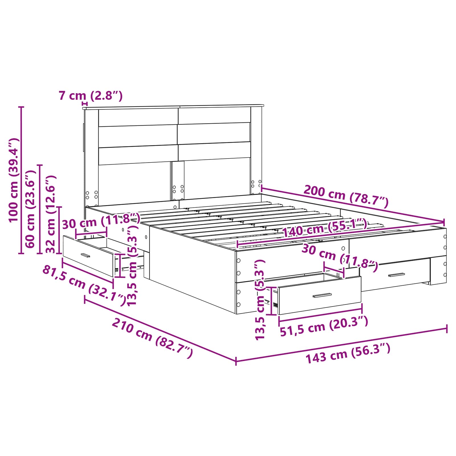 Bedframe met lade met hoofdeinde met opslag Bewerkt hout