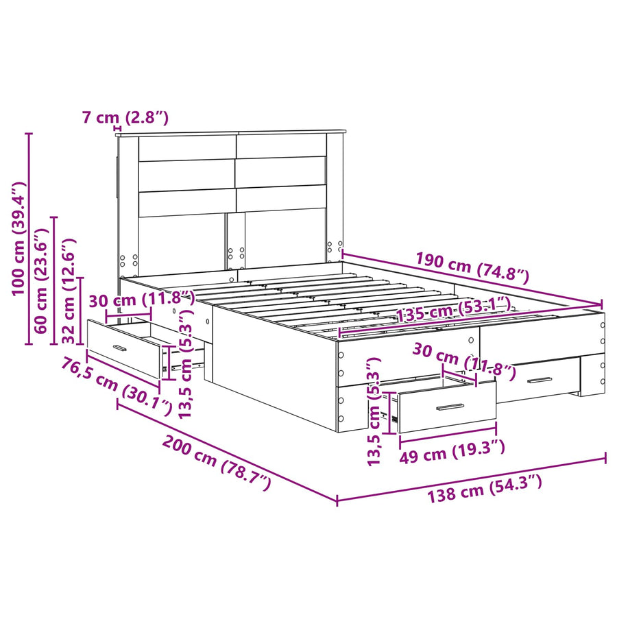 Bedframe met lade met hoofdeinde met opslag Bewerkt hout