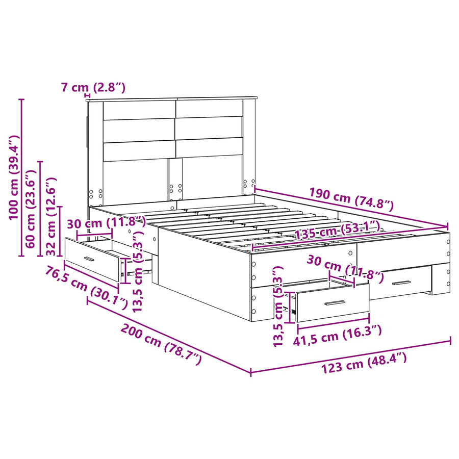 Bedframe met lade met hoofdeinde met opslag Bewerkt hout