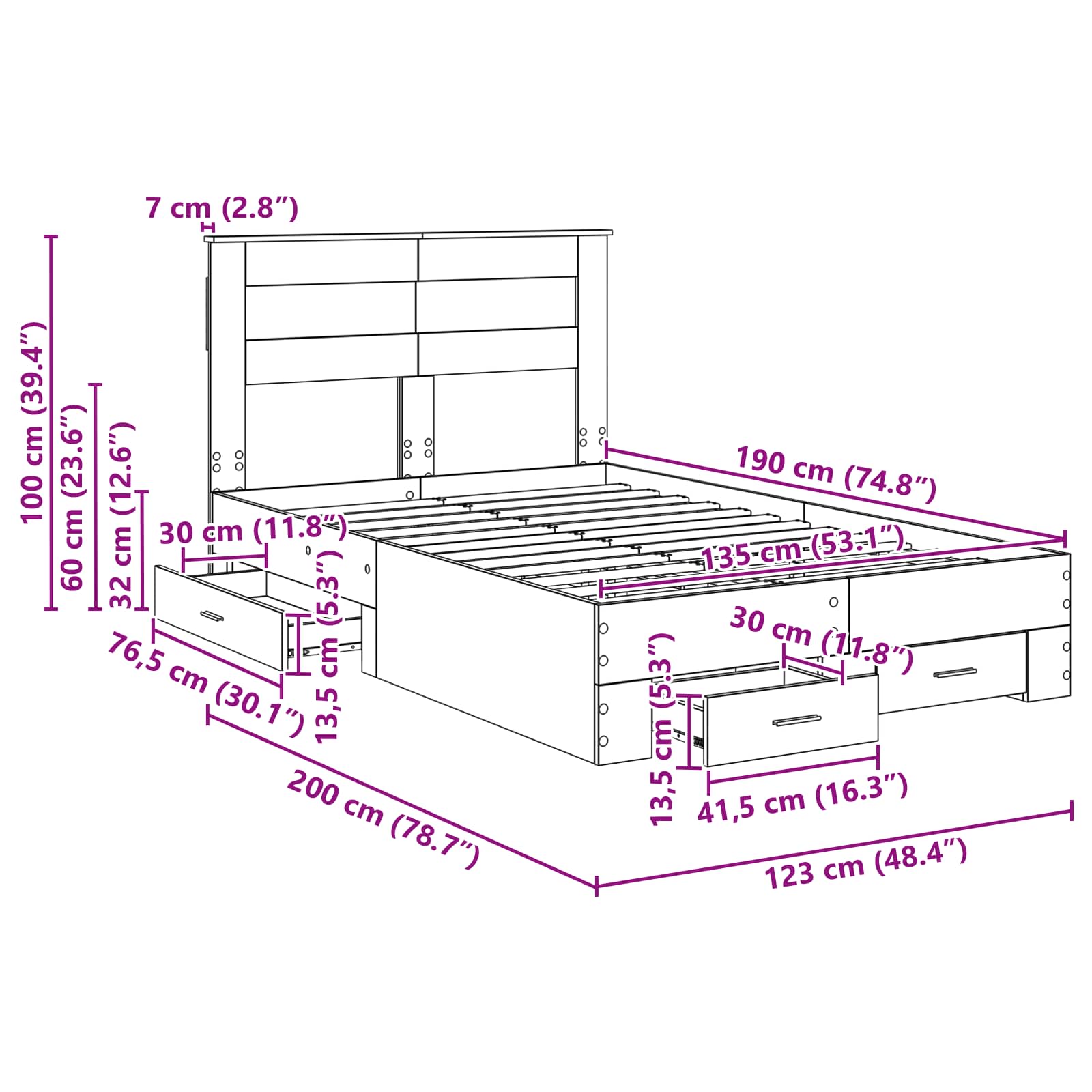 Bedframe met hoofdeinde Oudhout 120 x 190 cm Bewerkt hout
