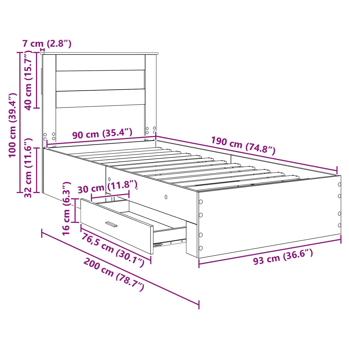 Bedframe met hoofdeinde met lade Wit 90 x 190 cm Bewerkt hout