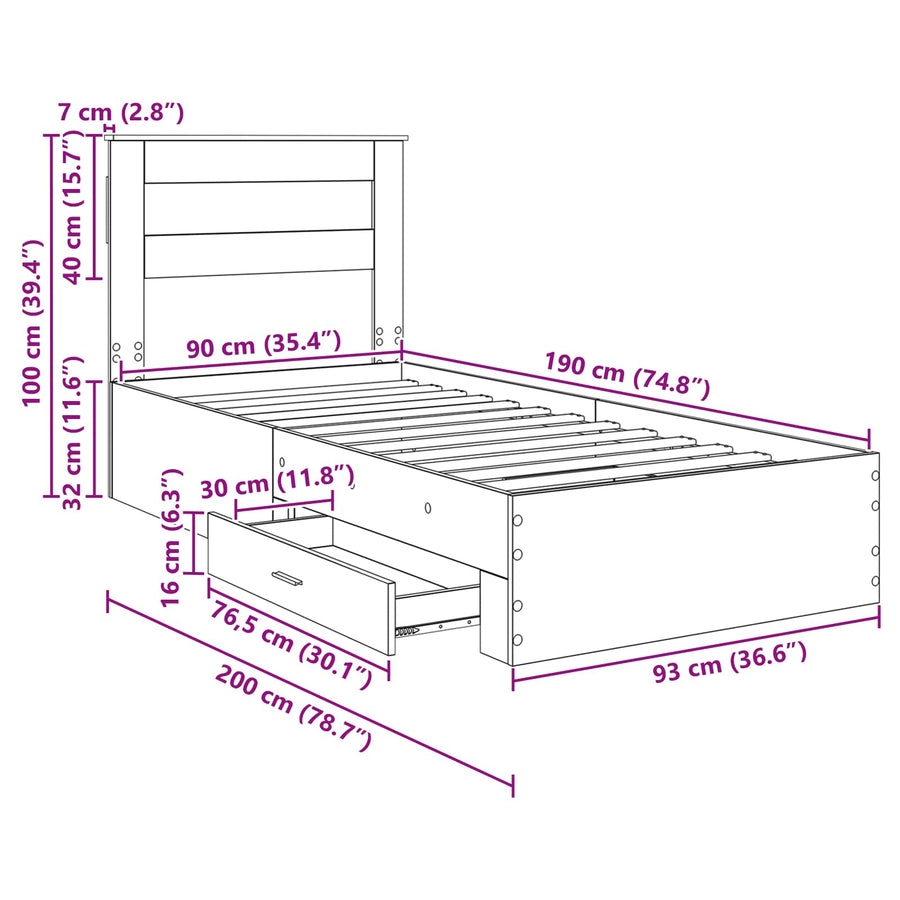 Bedframe met hoofdeinde Beton Grijs 90 x 190 cm Bewerkt hout
