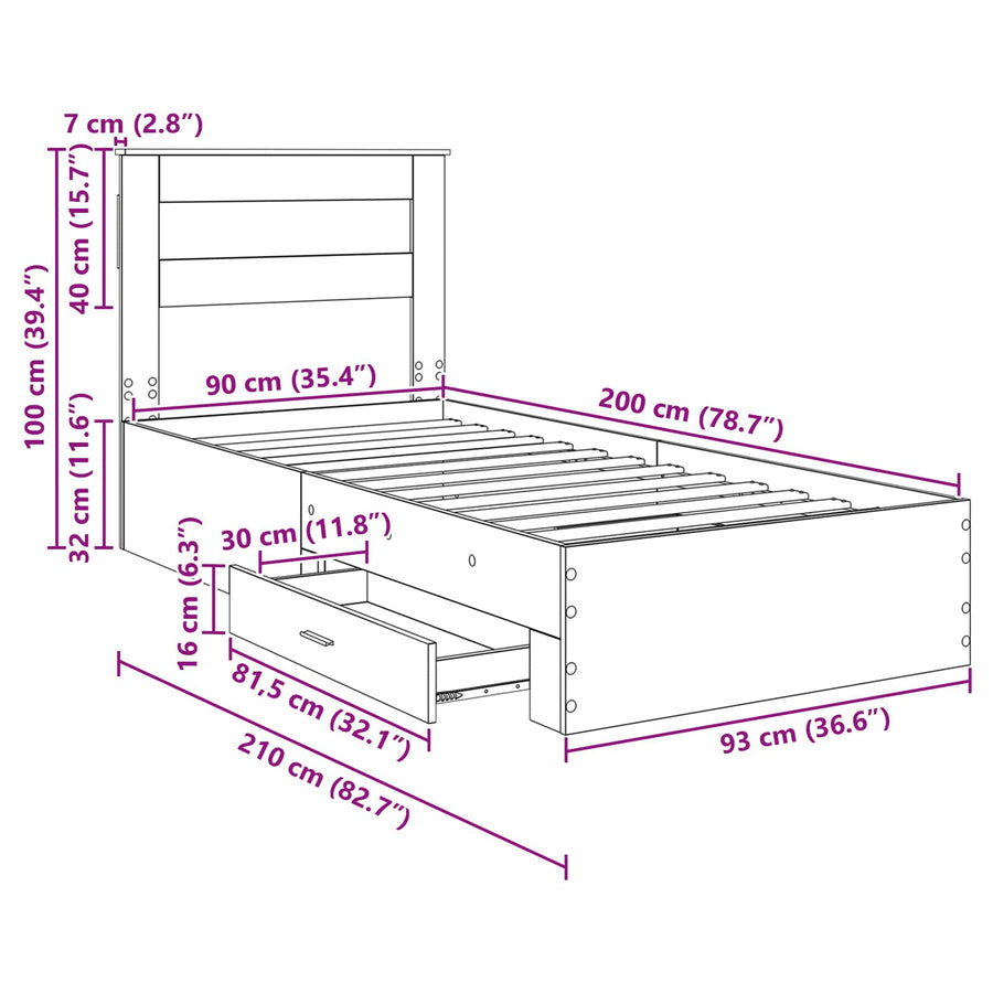 Bedframe met hoofdeinde Beton Grijs 90 x 200 cm Bewerkt hout