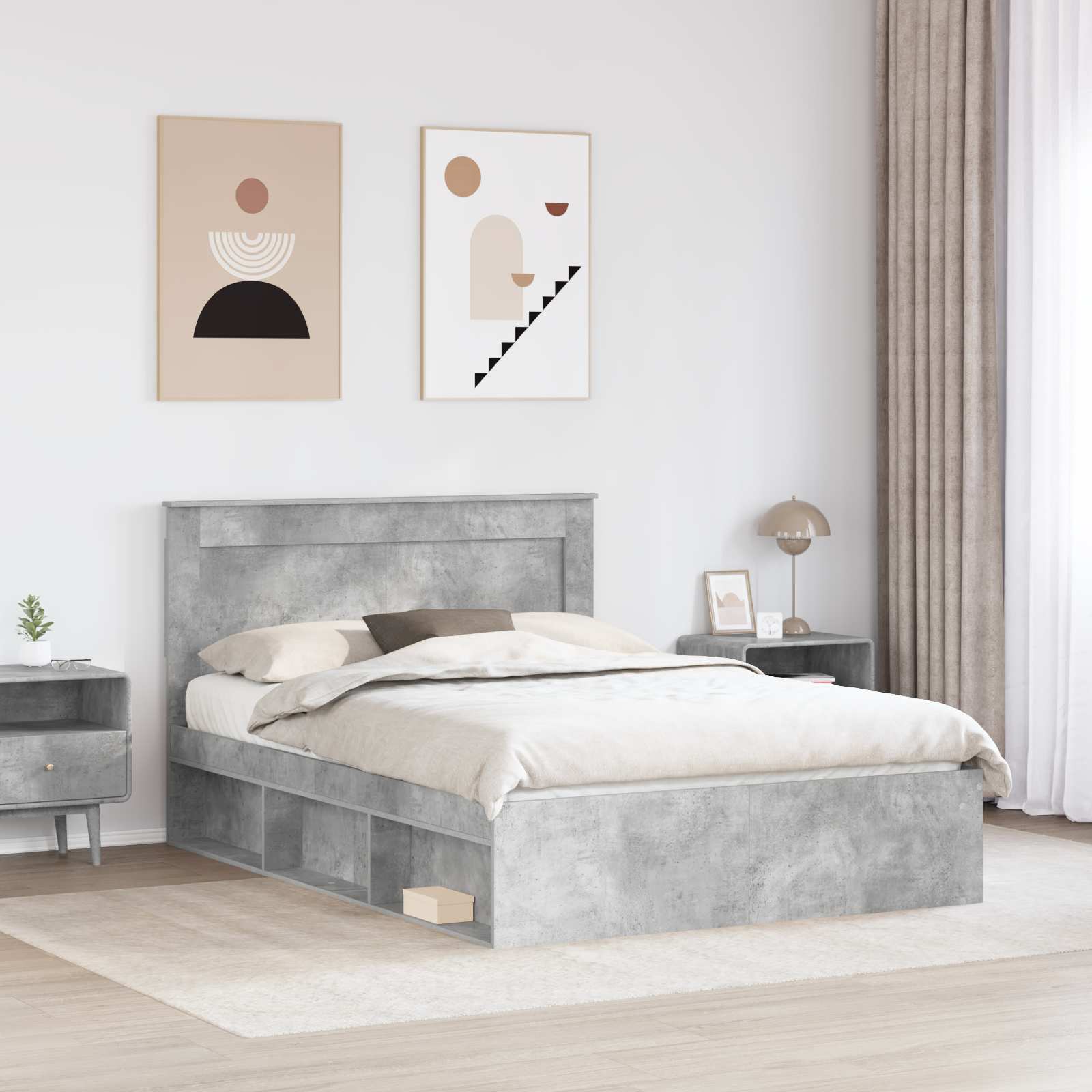 Bedframe met hoofdeinde Beton 140 x 200 cm Massief grenenhout