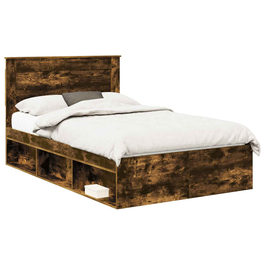 Bedframe met lade Gerookt eiken 135 x 190 cm Massief grenenhout