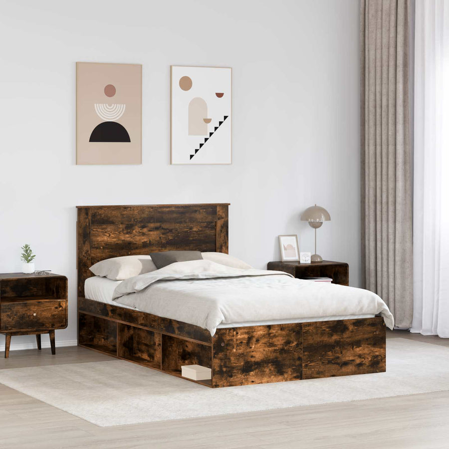 Bedframe met lade Gerookt eiken 120 x 190 cm Massief grenenhout