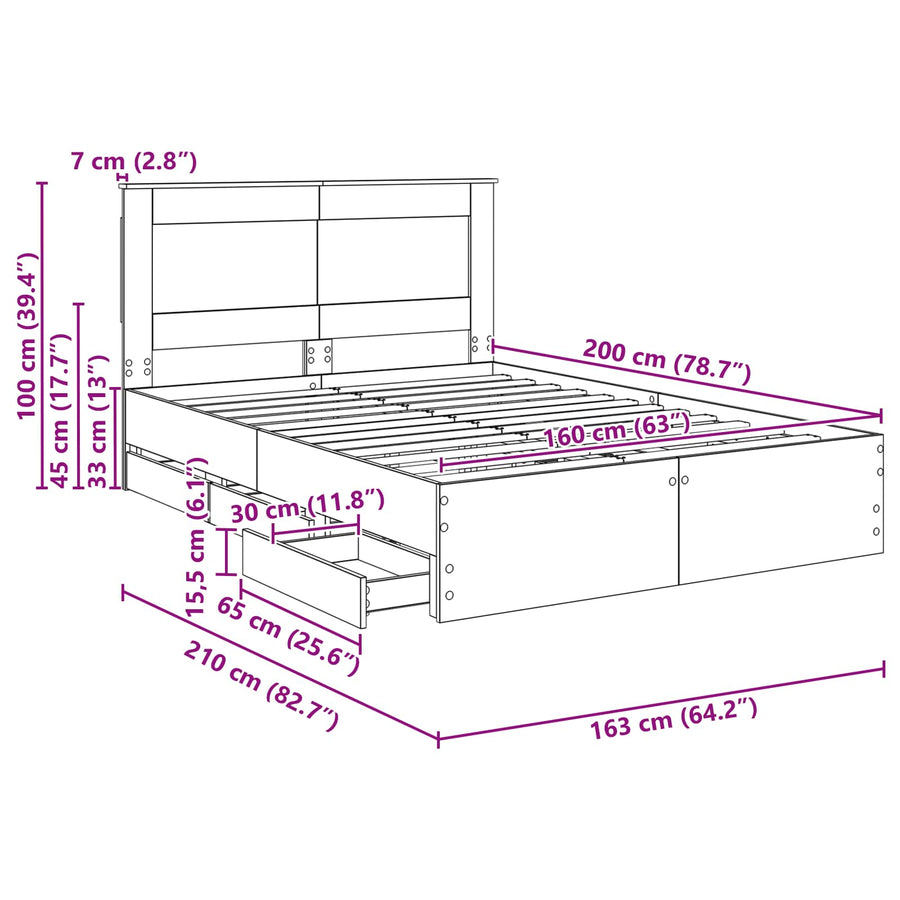 Bedframe met lade Gerookt eiken 160 x 200 cm Ingenieurshout