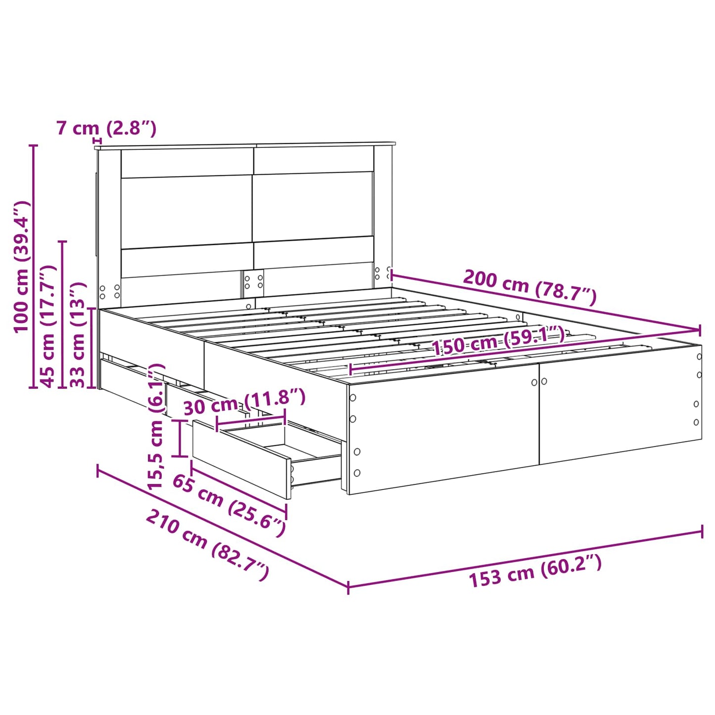 Bedframe met lade Gerookt eiken 150 x 200 cm Ingenieurshout