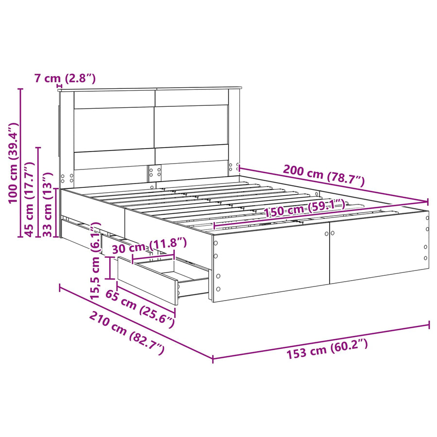 Bedframe met lade Gerookt eiken 150 x 200 cm Ingenieurshout
