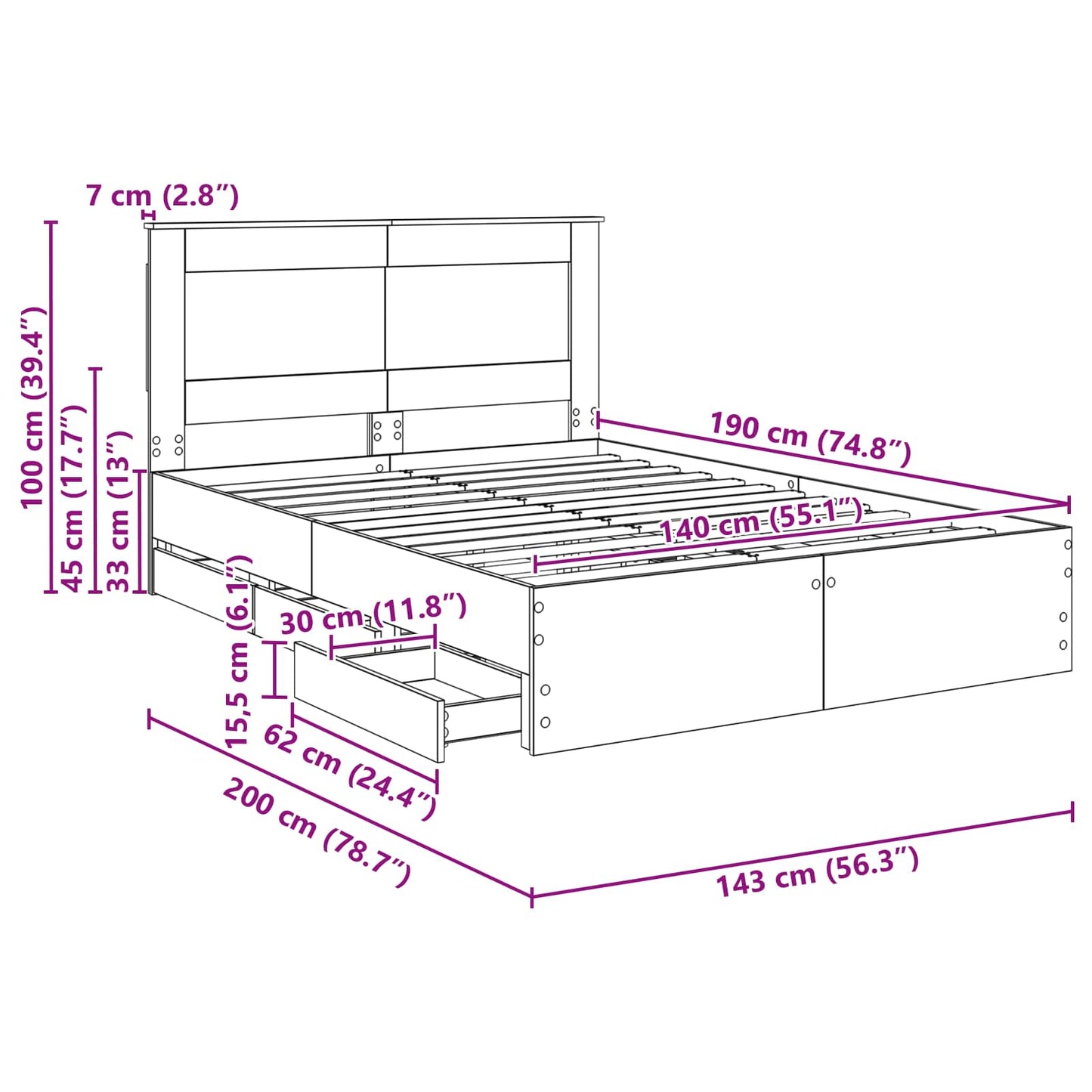 Bedframe met lade Beton Grijs 140 x 190 cm Ingenieurshout