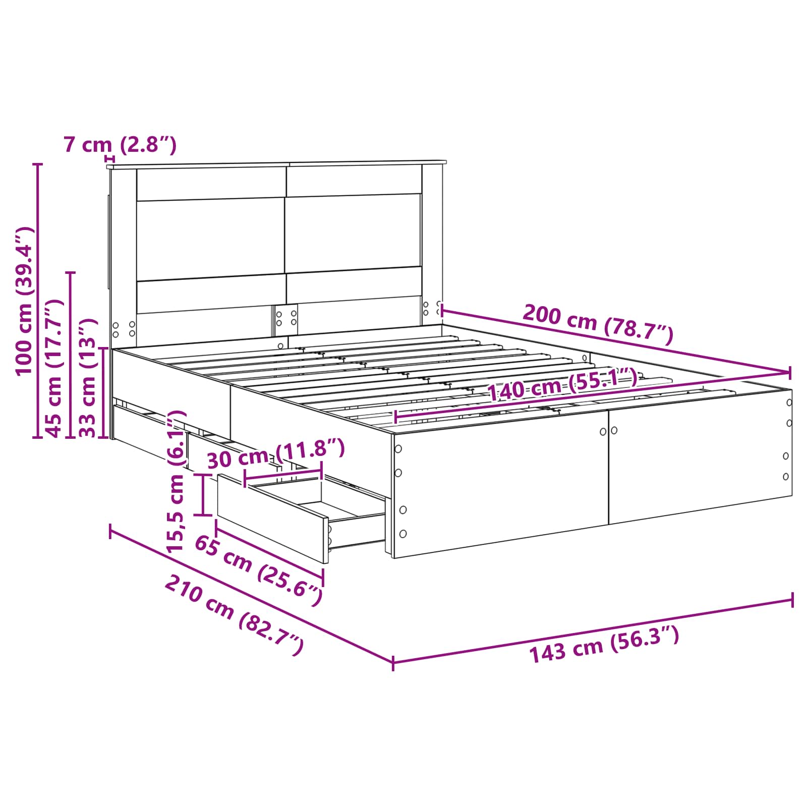 Bedframe met lade Gerookt eiken 140 x 200 cm Ingenieurshout