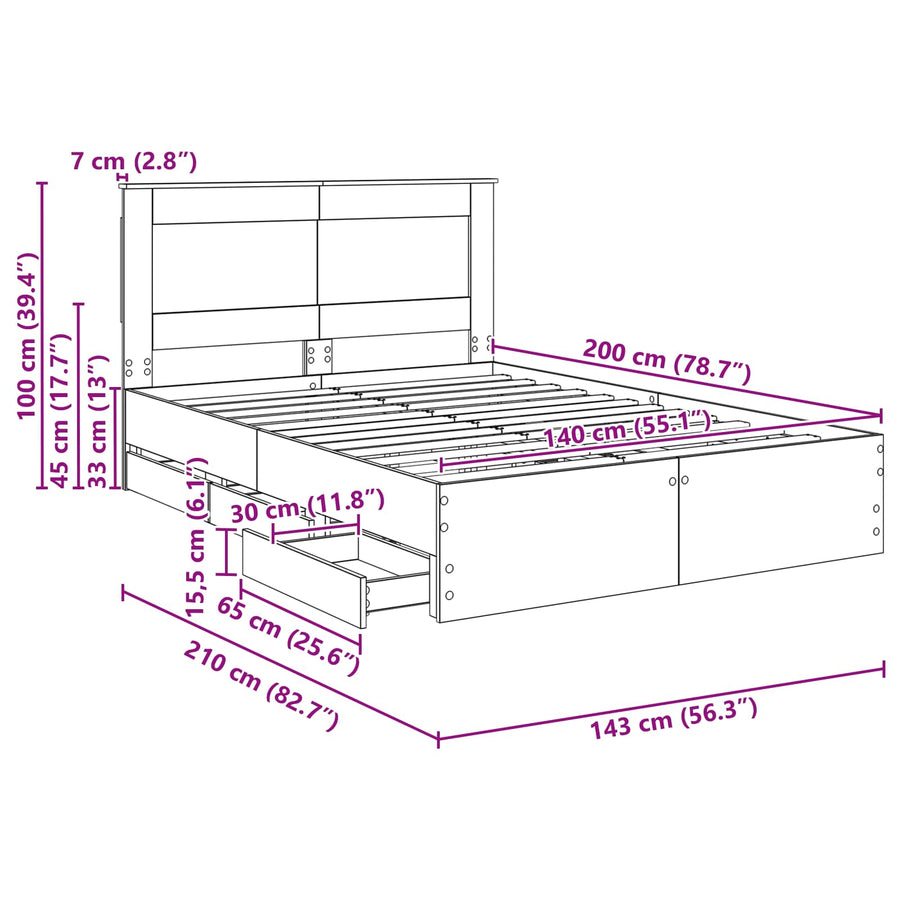 Bedframe met lade Grijs Sonoma 140 x 200 cm Ingenieurshout