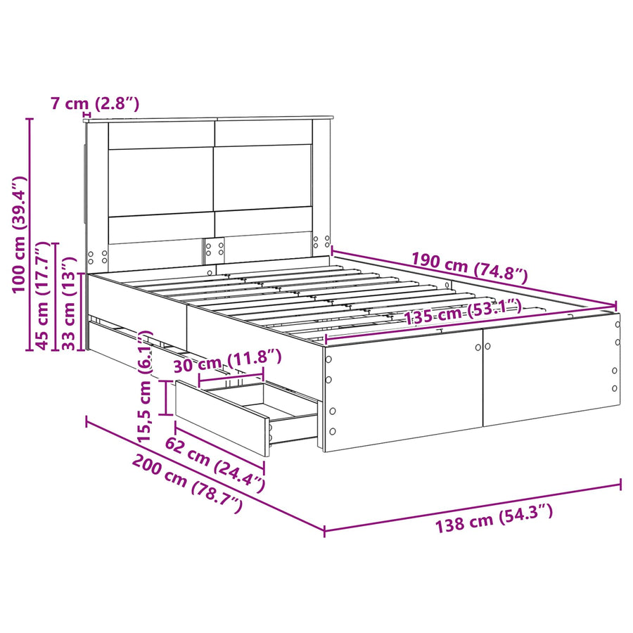 Bedframe met lade Gerookt eiken 135 x 190 cm Ingenieurshout