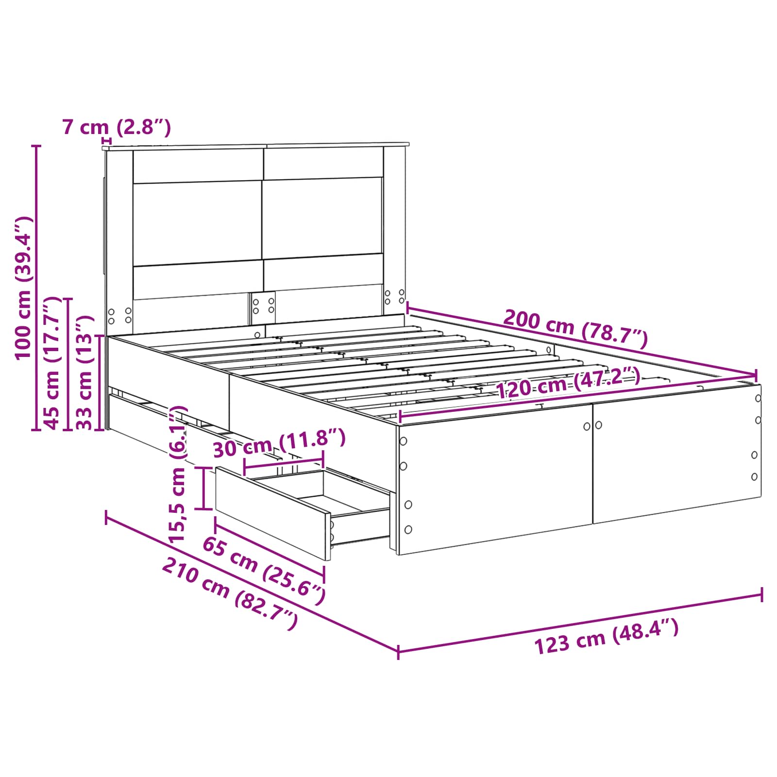 Bedframe met lade Sonoma Eiken 120 x 200 cm Ingenieurshout