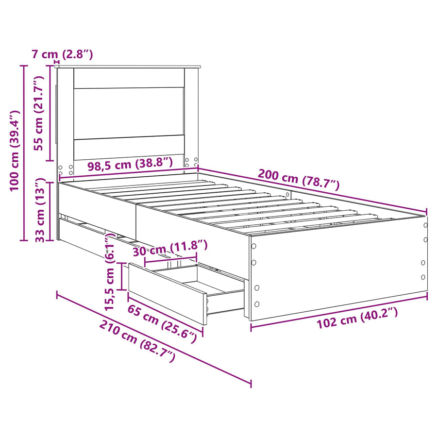 Bedframe met lade Grijs Sonoma 100 x 200 cm Ingenieurshout