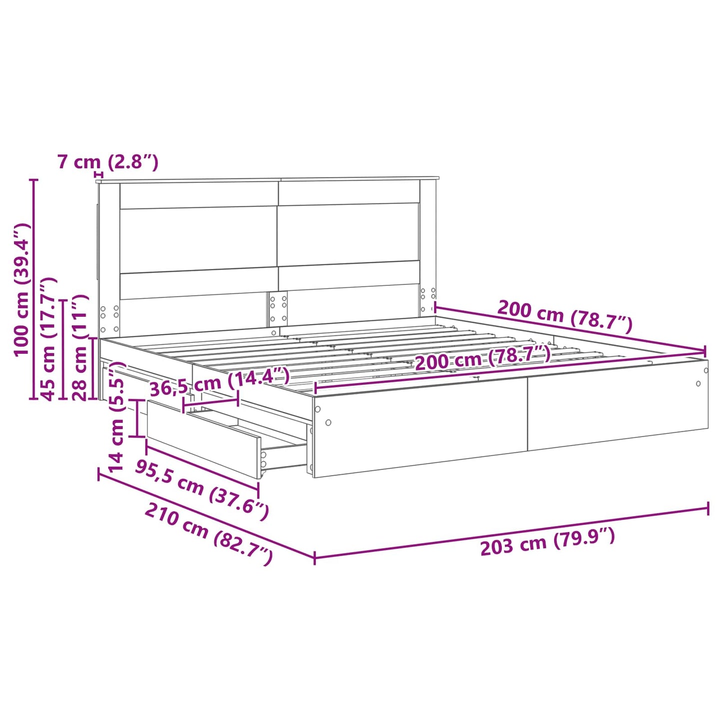 Bedframe met lade Beton Grijs 200 x 200 cm Bewerkt hout