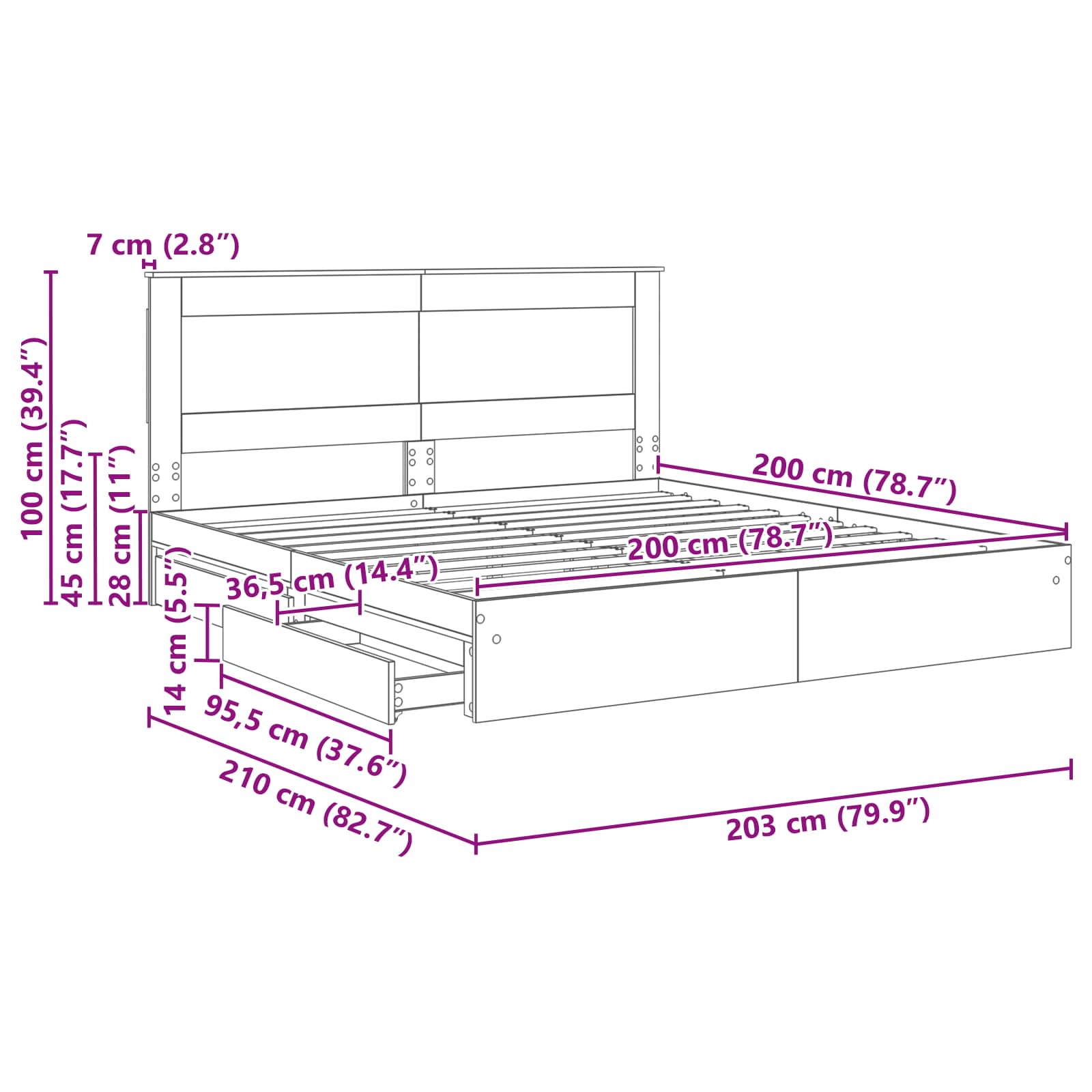 Bedframe met lade Beton Grijs 200 x 200 cm Bewerkt hout
